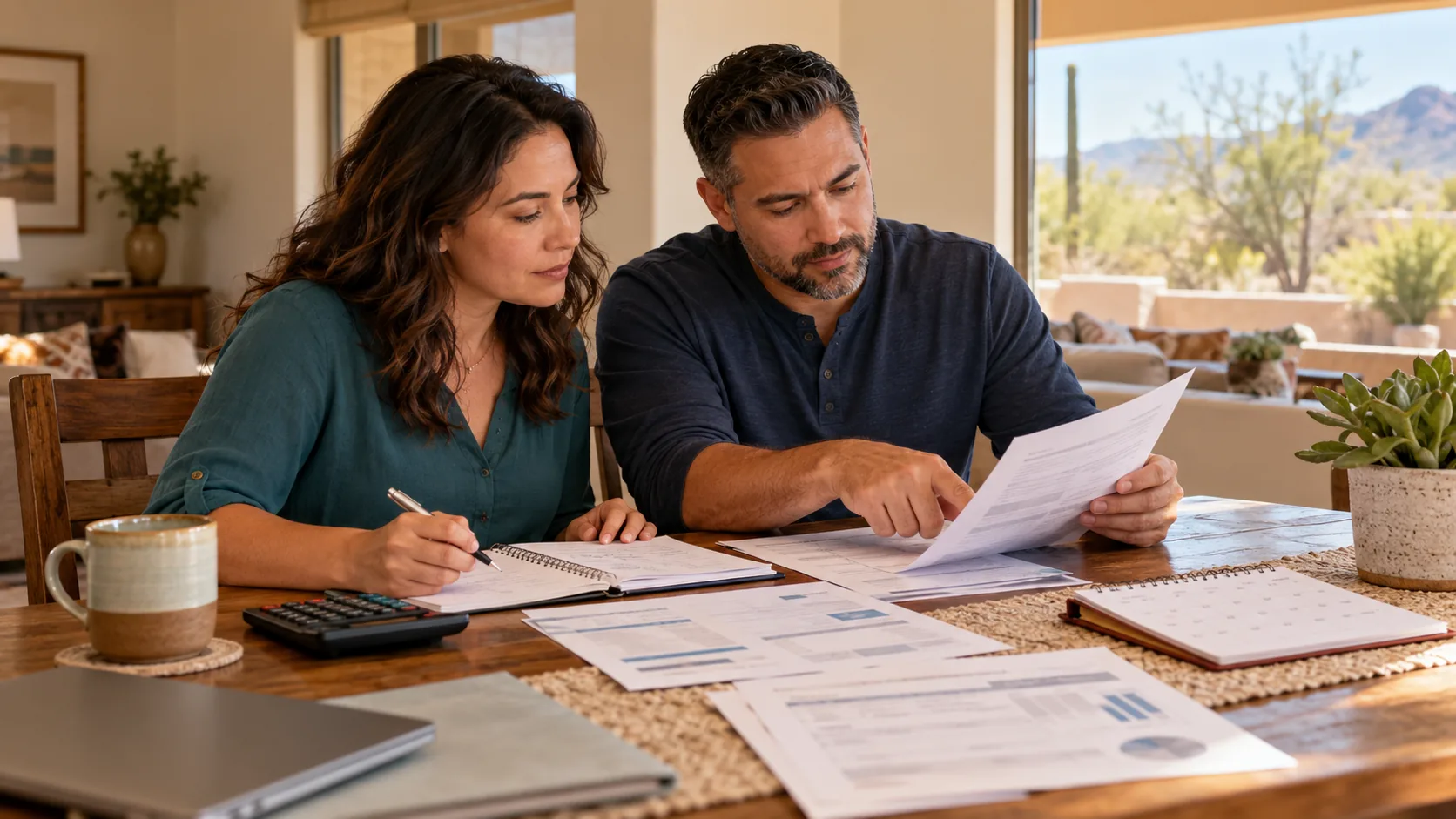 Arizona couple reviewing a debt-settlement proposal, household budget, and calendar
