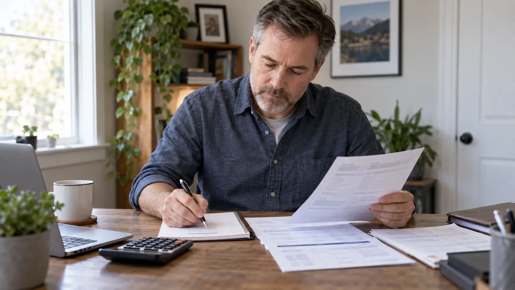 Man comparing a collection notice with an older credit card statement at a home desk