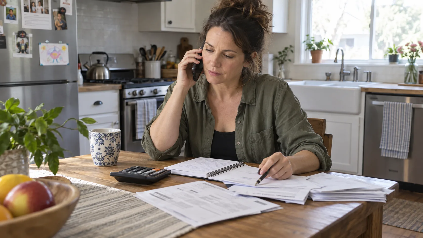 Woman calling her credit card issuer while reviewing a household budget and statements
