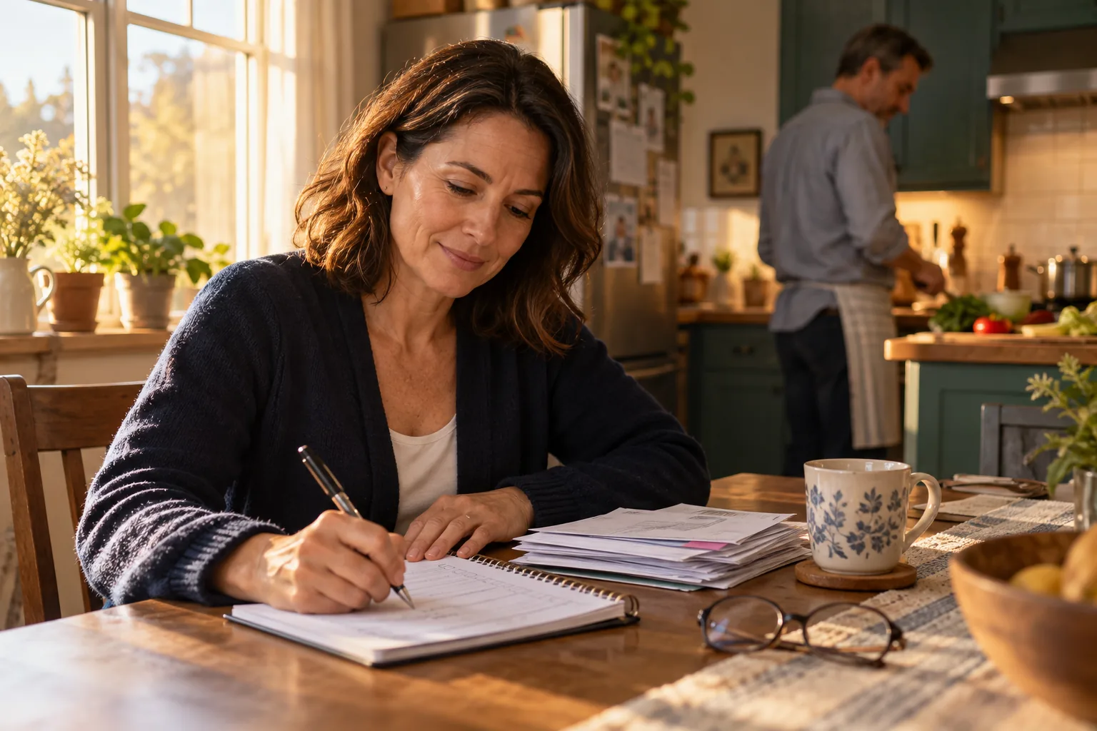 A woman organizing statements into a clear household debt plan