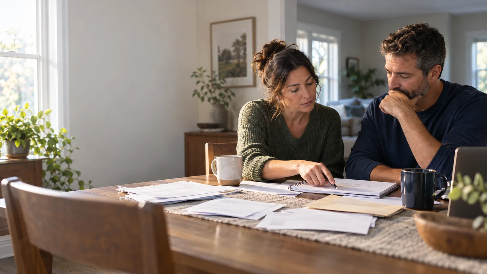 A couple calmly reviewing household debt together at their kitchen table