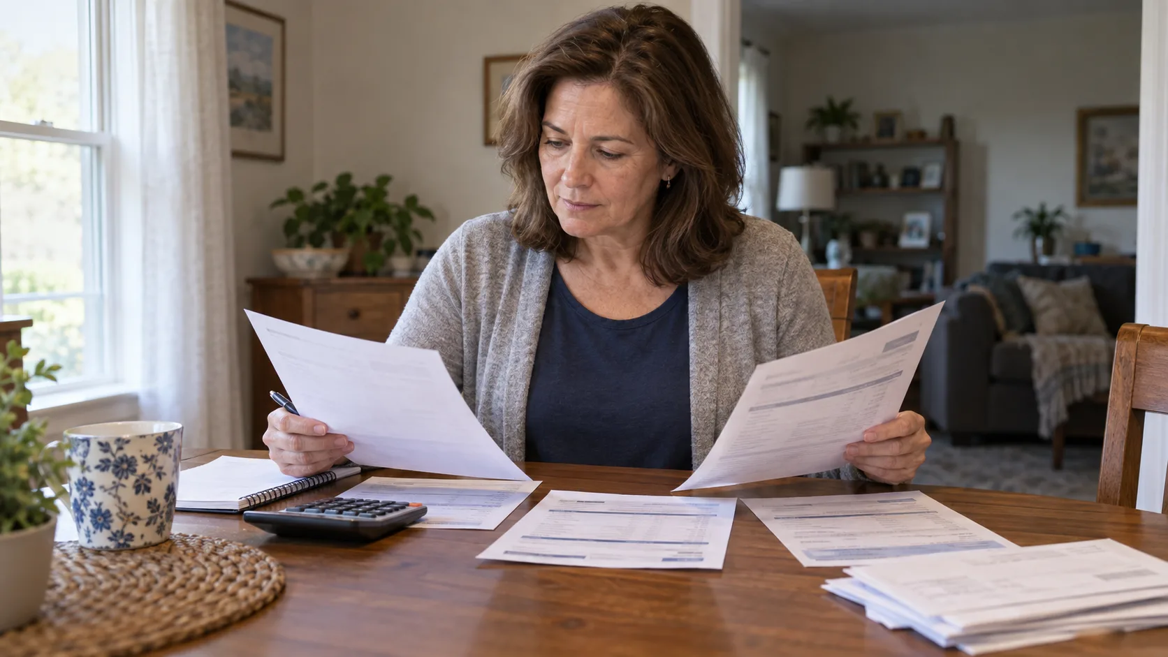 Woman comparing medical bills and insurance paperwork with a household calculator
