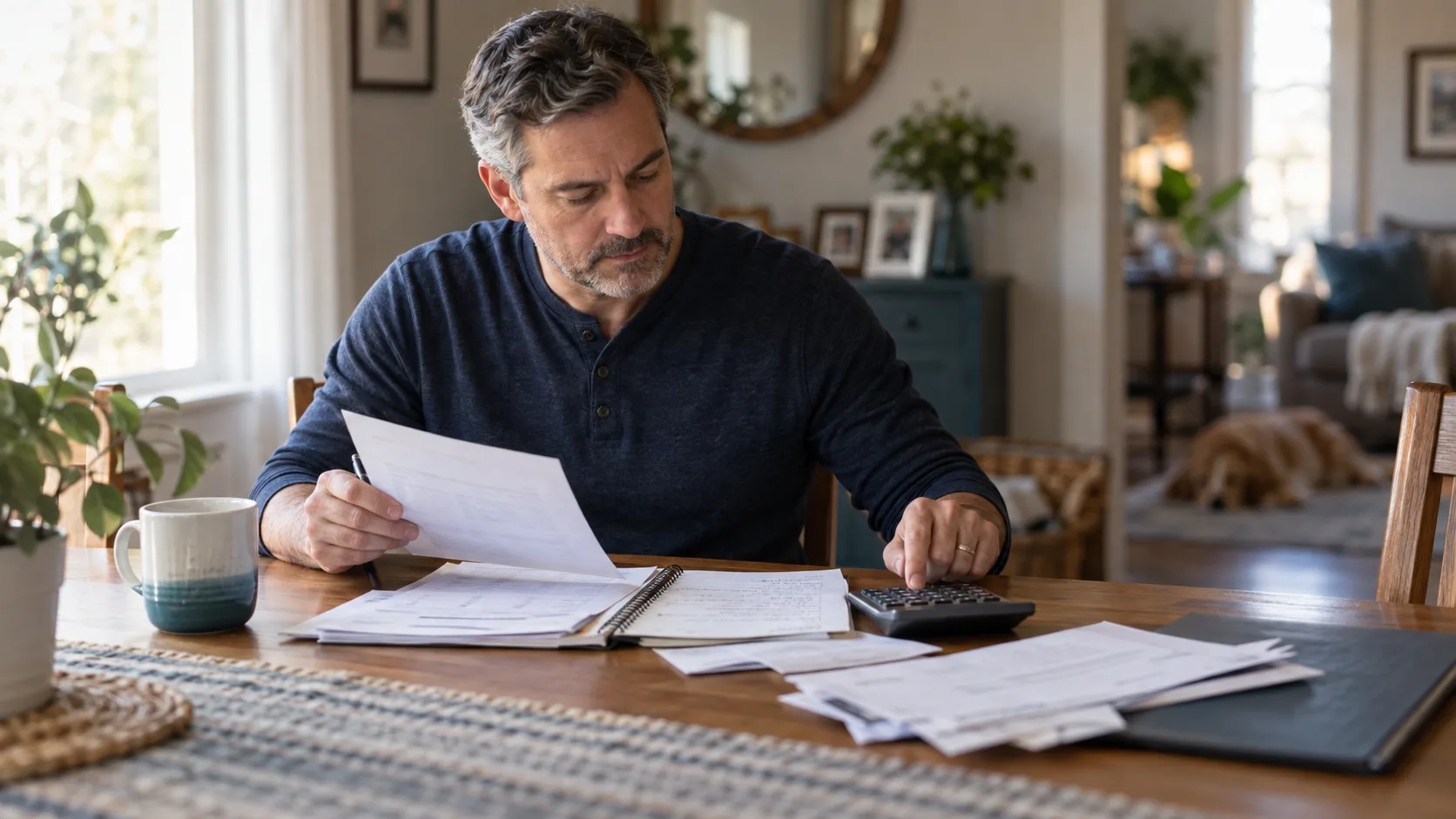 Man organizing credit card statements and a household budget for a forty-thousand-dollar debt plan