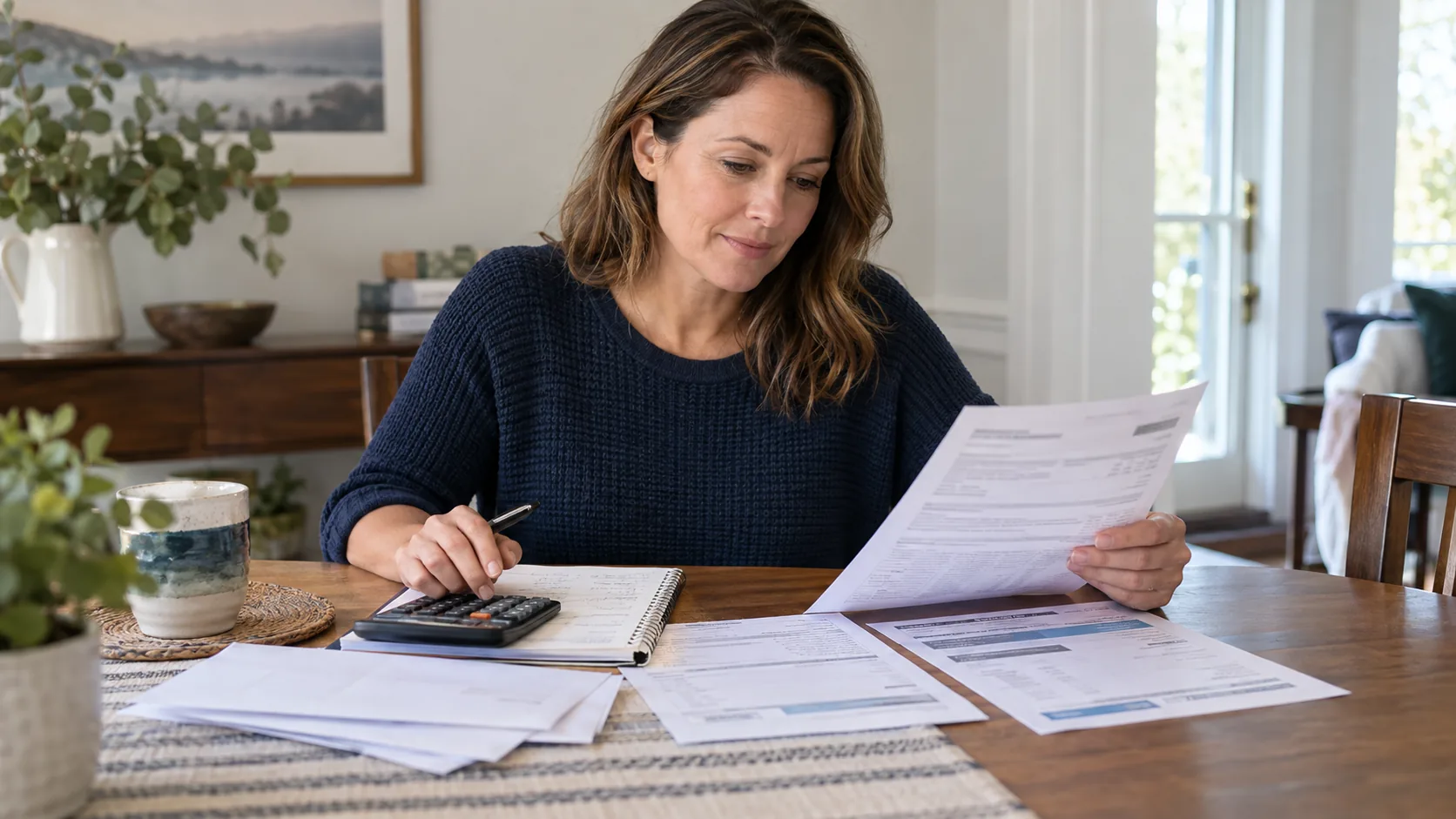 Woman reviewing a personal loan agreement and credit-card statements at a home table